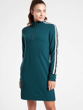 Athleta Teal Half‑Zip Long Sleeve Dress with Contrast Sleeve Stripes